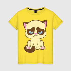 Женская футболка хлопок с принтом Недовольный котёнок в Тюмени, 100% хлопок | прямой крой, круглый вырез горловины, длина до линии бедер, слегка спущенное плечо | киса | котенок | котик | кошка | хмурый кот