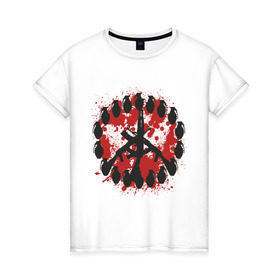Женская футболка хлопок с принтом знак peace мир оружием в Тюмени, 100% хлопок | прямой крой, круглый вырез горловины, длина до линии бедер, слегка спущенное плечо | Тематика изображения на принте: peace | знак peace мир оружие | мир