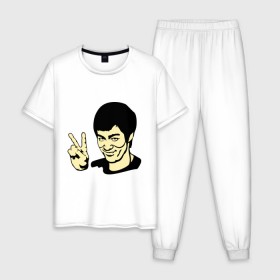 Мужская пижама хлопок с принтом Позитивный Брюс Ли в Тюмени, 100% хлопок | брюки и футболка прямого кроя, без карманов, на брюках мягкая резинка на поясе и по низу штанин
 | брюс ли