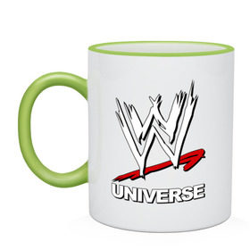 Кружка двухцветная с принтом WWE universe в Тюмени, керамика | объем — 330 мл, диаметр — 80 мм. Цветная ручка и кайма сверху, в некоторых цветах — вся внутренняя часть | джон сина