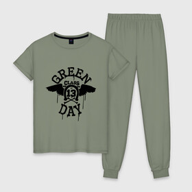 Женская пижама хлопок с принтом Green day class of 13 в Тюмени, 100% хлопок | брюки и футболка прямого кроя, без карманов, на брюках мягкая резинка на поясе и по низу штанин | green day | rock | грин дэй | музыка | подкова | рок группа
