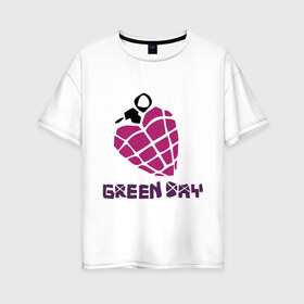 Женская футболка хлопок Oversize с принтом Green day is love в Тюмени, 100% хлопок | свободный крой, круглый ворот, спущенный рукав, длина до линии бедер
 | Тематика изображения на принте: billie joe armstrong | green day | green day t shirt | rock | билли джо армстронг | граната | грин дэй | любовь | музыка | рок группа | рука | сердце