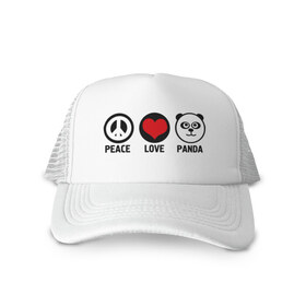 Кепка тракер с сеткой с принтом Peace, love, panda (мир любовь панда) в Тюмени, трикотажное полотно; задняя часть — сетка | длинный козырек, универсальный размер, пластиковая застежка | Тематика изображения на принте: love | panda | peace | любовь | мир