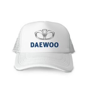 Кепка тракер с сеткой с принтом Daewoo лого в Тюмени, трикотажное полотно; задняя часть — сетка | длинный козырек, универсальный размер, пластиковая застежка | Тематика изображения на принте: 