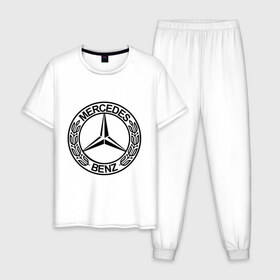 Мужская пижама хлопок с принтом Mercedes-Benz в Тюмени, 100% хлопок | брюки и футболка прямого кроя, без карманов, на брюках мягкая резинка на поясе и по низу штанин
 | mercedes | mercedes benz | логотип mercedes | логотип mercedes benz | логотип мерседерс бенс | мерен | мерседерс | мерседерс бенс