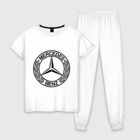 Женская пижама хлопок с принтом Mercedes-Benz в Тюмени, 100% хлопок | брюки и футболка прямого кроя, без карманов, на брюках мягкая резинка на поясе и по низу штанин | mercedes | mercedes benz | логотип mercedes | логотип mercedes benz | логотип мерседерс бенс | мерен | мерседерс | мерседерс бенс