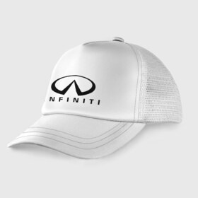Детская кепка тракер с принтом Infiniti logo в Тюмени, Козырек - 100% хлопок. Кепка - 100% полиэстер, Задняя часть - сетка | универсальный размер, пластиковая застёжка | infiniti автомобиль | автомобиль инфинити | инфинити | логотип infiniti | логотип инфинити