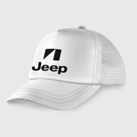 Детская кепка тракер с принтом Jeep logo в Тюмени, Козырек - 100% хлопок. Кепка - 100% полиэстер, Задняя часть - сетка | универсальный размер, пластиковая застёжка | jeep | автомобиль jeep | автомобиль джип | джип | логотип jeep | логотип джип