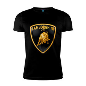 Мужская футболка премиум с принтом Lamborghini logo в Тюмени, 92% хлопок, 8% лайкра | приталенный силуэт, круглый вырез ворота, длина до линии бедра, короткий рукав | lamborghini | автомобиль lamborghini | ламборджини | ламборджини автомобиль | логотип lamborghini | логотип ламборджини