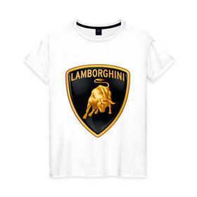 Женская футболка хлопок с принтом Lamborghini logo в Тюмени, 100% хлопок | прямой крой, круглый вырез горловины, длина до линии бедер, слегка спущенное плечо | lamborghini | автомобиль lamborghini | ламборджини | ламборджини автомобиль | логотип lamborghini | логотип ламборджини