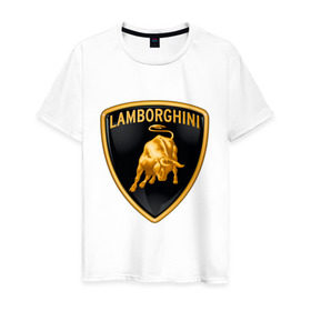 Мужская футболка хлопок с принтом Lamborghini logo в Тюмени, 100% хлопок | прямой крой, круглый вырез горловины, длина до линии бедер, слегка спущенное плечо. | lamborghini | автомобиль lamborghini | ламборджини | ламборджини автомобиль | логотип lamborghini | логотип ламборджини