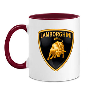 Кружка двухцветная с принтом Lamborghini logo в Тюмени, керамика | объем — 330 мл, диаметр — 80 мм. Цветная ручка и кайма сверху, в некоторых цветах — вся внутренняя часть | lamborghini | автомобиль lamborghini | ламборджини | ламборджини автомобиль | логотип lamborghini | логотип ламборджини