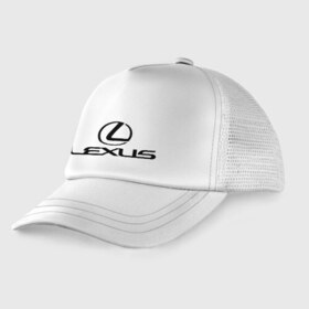Детская кепка тракер с принтом Lexus logo в Тюмени, Козырек - 100% хлопок. Кепка - 100% полиэстер, Задняя часть - сетка | универсальный размер, пластиковая застёжка | Тематика изображения на принте: lexus | автобренды | автолюбителям | бренд | лексус | логотип