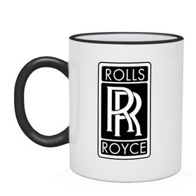Кружка двухцветная с принтом Rolls-Royce в Тюмени, керамика | объем — 330 мл, диаметр — 80 мм. Цветная ручка и кайма сверху, в некоторых цветах — вся внутренняя часть | rolls royce | rr | автобренды | автолюбителям | бренд | логотип | ролл ройс | ролс ройс