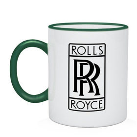 Кружка двухцветная с принтом Rolls-Royce logo в Тюмени, керамика | объем — 330 мл, диаметр — 80 мм. Цветная ручка и кайма сверху, в некоторых цветах — вся внутренняя часть | Тематика изображения на принте: rolls royce | rr | автобренды | автолюбителям | бренд | логотип | ролл ройс | ролс ройс