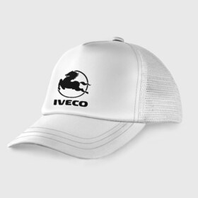Детская кепка тракер с принтом Iveco в Тюмени, Козырек - 100% хлопок. Кепка - 100% полиэстер, Задняя часть - сетка | универсальный размер, пластиковая застёжка | Тематика изображения на принте: iveco | автобренды | автолюбителям | бренд | ивеко | логотип