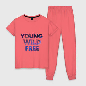 Женская пижама хлопок с принтом Young wild free в Тюмени, 100% хлопок | брюки и футболка прямого кроя, без карманов, на брюках мягкая резинка на поясе и по низу штанин | young wild free | интернет приколы | космическая тема | космос