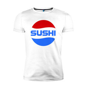 Мужская футболка премиум с принтом Sushi Pepsi в Тюмени, 92% хлопок, 8% лайкра | приталенный силуэт, круглый вырез ворота, длина до линии бедра, короткий рукав | Тематика изображения на принте: sushi | sushi pepsi | суши | суши пепси