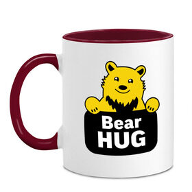 Кружка двухцветная с принтом Bear Hug (медвежьи объятия) в Тюмени, керамика | объем — 330 мл, диаметр — 80 мм. Цветная ручка и кайма сверху, в некоторых цветах — вся внутренняя часть | bear hug | медвежьи объятия