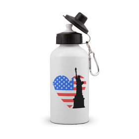 Бутылка спортивная с принтом Люблю Америку в Тюмени, металл | емкость — 500 мл, в комплекте две пластиковые крышки и карабин для крепления | usa | америка | люблю америку | статуя свободы | сша | штаты | я люблю америку