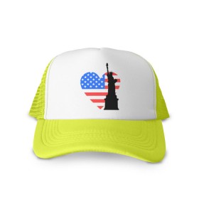 Кепка тракер с сеткой с принтом Люблю Америку в Тюмени, трикотажное полотно; задняя часть — сетка | длинный козырек, универсальный размер, пластиковая застежка | usa | америка | люблю америку | статуя свободы | сша | штаты | я люблю америку