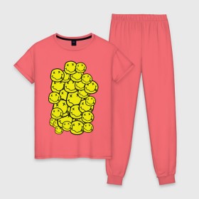 Женская пижама хлопок с принтом Nirvana Smiles в Тюмени, 100% хлопок | брюки и футболка прямого кроя, без карманов, на брюках мягкая резинка на поясе и по низу штанин | nirvana | nirvana smiles | нирвана | нирвана смайлы