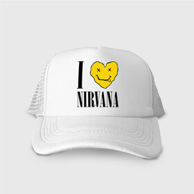 Кепка тракер с сеткой с принтом I love Nirvana в Тюмени, трикотажное полотно; задняя часть — сетка | длинный козырек, универсальный размер, пластиковая застежка | i love nirvana | nirvana | нирвана | я люблю нирвану
