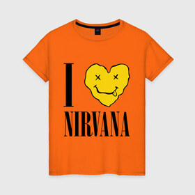 Женская футболка хлопок с принтом I love Nirvana в Тюмени, 100% хлопок | прямой крой, круглый вырез горловины, длина до линии бедер, слегка спущенное плечо | Тематика изображения на принте: i love nirvana | nirvana | нирвана | я люблю нирвану