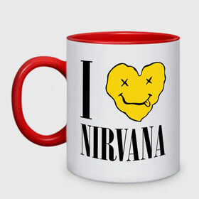 Кружка двухцветная с принтом I love Nirvana в Тюмени, керамика | объем — 330 мл, диаметр — 80 мм. Цветная ручка и кайма сверху, в некоторых цветах — вся внутренняя часть | i love nirvana | nirvana | нирвана | я люблю нирвану