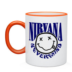 Кружка двухцветная с принтом Nevermind Nirvana в Тюмени, керамика | объем — 330 мл, диаметр — 80 мм. Цветная ручка и кайма сверху, в некоторых цветах — вся внутренняя часть | kurt kobain | nirvana | курт кобейн | музыкальные группы | нирвана | рок группы
