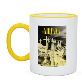 Кружка двухцветная с принтом Nirvana Poster в Тюмени, керамика | объем — 330 мл, диаметр — 80 мм. Цветная ручка и кайма сверху, в некоторых цветах — вся внутренняя часть | kurt kobain | nirvana | курт кобейн | музыкальные группы | нирвана | рок группы