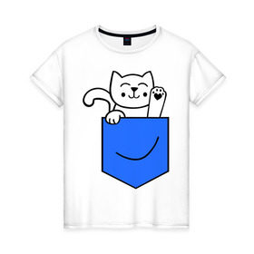 Женская футболка хлопок с принтом Котенок в кармане в Тюмени, 100% хлопок | прямой крой, круглый вырез горловины, длина до линии бедер, слегка спущенное плечо | Тематика изображения на принте: киса | котенок | котик | кошка