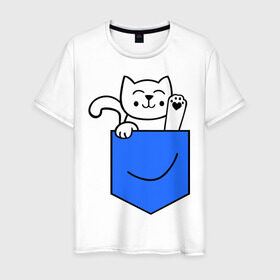 Мужская футболка хлопок с принтом Котенок в кармане в Тюмени, 100% хлопок | прямой крой, круглый вырез горловины, длина до линии бедер, слегка спущенное плечо. | Тематика изображения на принте: киса | котенок | котик | кошка