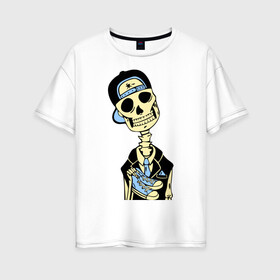 Женская футболка хлопок Oversize с принтом Скелет в кепке в Тюмени, 100% хлопок | свободный крой, круглый ворот, спущенный рукав, длина до линии бедер
 | скелет