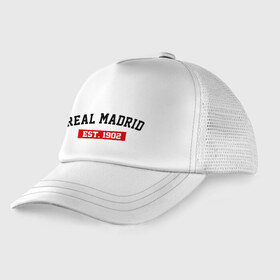 Детская кепка тракер с принтом FC Real Madrid Est 1902 в Тюмени, Козырек - 100% хлопок. Кепка - 100% полиэстер, Задняя часть - сетка | универсальный размер, пластиковая застёжка | fc real madrid | fc real madrid est 1902 | real madrid | реал мадрид | фк реал мадрид