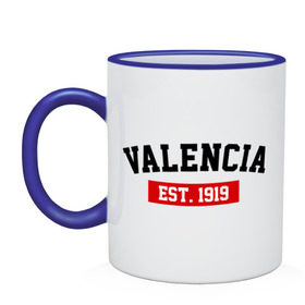 Кружка двухцветная с принтом FC Valencia Est. 1919 в Тюмени, керамика | объем — 330 мл, диаметр — 80 мм. Цветная ручка и кайма сверху, в некоторых цветах — вся внутренняя часть | fc valencia | fc valencia est 1919 | valencia | валенсия | фк валенсия