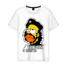 Мужская футболка хлопок с принтом Гомер cerveza o muerte (смертная казнь пиву) в Тюмени, 100% хлопок | прямой крой, круглый вырез горловины, длина до линии бедер, слегка спущенное плечо. | гомер | че гевара