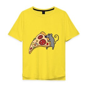 Мужская футболка хлопок Oversize с принтом Кусочек пиццы парная в Тюмени, 100% хлопок | свободный крой, круглый ворот, “спинка” длиннее передней части | pizza | влюбленным | для влюбленных | для двоих | для пар | мышонок | пара | парные | пицца