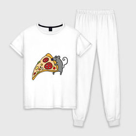 Женская пижама хлопок с принтом Кусочек пиццы парная в Тюмени, 100% хлопок | брюки и футболка прямого кроя, без карманов, на брюках мягкая резинка на поясе и по низу штанин | pizza | влюбленным | для влюбленных | для двоих | для пар | мышонок | пара | парные | пицца