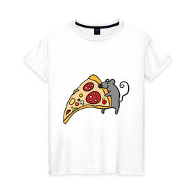 Женская футболка хлопок с принтом Кусочек пиццы парная в Тюмени, 100% хлопок | прямой крой, круглый вырез горловины, длина до линии бедер, слегка спущенное плечо | pizza | влюбленным | для влюбленных | для двоих | для пар | мышонок | пара | парные | пицца
