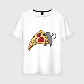 Женская футболка хлопок Oversize с принтом Кусочек пиццы парная в Тюмени, 100% хлопок | свободный крой, круглый ворот, спущенный рукав, длина до линии бедер
 | pizza | влюбленным | для влюбленных | для двоих | для пар | мышонок | пара | парные | пицца