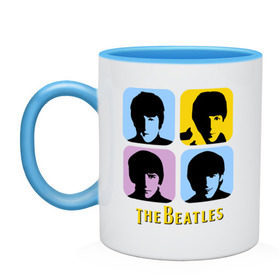 Кружка двухцветная с принтом The Beatles pop art в Тюмени, керамика | объем — 330 мл, диаметр — 80 мм. Цветная ручка и кайма сверху, в некоторых цветах — вся внутренняя часть | beatles | the beatles | the beatles pop art | бителс