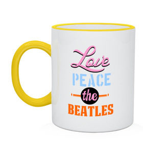 Кружка двухцветная с принтом Love peace the Beatles в Тюмени, керамика | объем — 330 мл, диаметр — 80 мм. Цветная ручка и кайма сверху, в некоторых цветах — вся внутренняя часть | beatles | love peace the beatles | the beatles | бителс