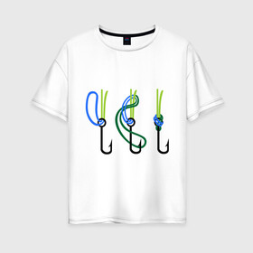 Женская футболка хлопок Oversize с принтом Рыболовный узел в Тюмени, 100% хлопок | свободный крой, круглый ворот, спущенный рукав, длина до линии бедер
 | крючок | ноживка | рыбаку | рыбалка | рыболов | удочка
