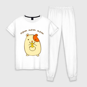 Женская пижама хлопок с принтом Ням-ням-ням в Тюмени, 100% хлопок | брюки и футболка прямого кроя, без карманов, на брюках мягкая резинка на поясе и по низу штанин | nom nom nom | девушкам | для девушек | хомяк | хомячек