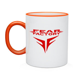 Кружка двухцветная с принтом Fear Factory logo в Тюмени, керамика | объем — 330 мл, диаметр — 80 мм. Цветная ручка и кайма сверху, в некоторых цветах — вся внутренняя часть | Тематика изображения на принте: fear factory