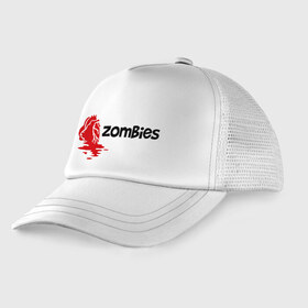 Детская кепка тракер с принтом i love zombies(я люблю зомби) в Тюмени, Козырек - 100% хлопок. Кепка - 100% полиэстер, Задняя часть - сетка | универсальный размер, пластиковая застёжка | Тематика изображения на принте: зомби