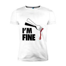 Мужская футболка премиум с принтом I `m Fine Fork в Тюмени, 92% хлопок, 8% лайкра | приталенный силуэт, круглый вырез ворота, длина до линии бедра, короткий рукав | Тематика изображения на принте: fine | вилка | кровь | я в порядке