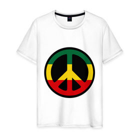 Мужская футболка хлопок с принтом Peace simbol в Тюмени, 100% хлопок | прямой крой, круглый вырез горловины, длина до линии бедер, слегка спущенное плечо. | reggae | мир | раста | растафари