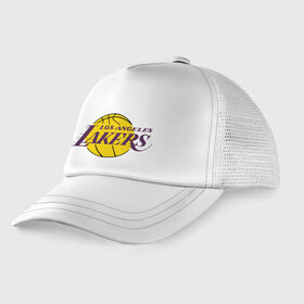 Детская кепка тракер с принтом LA Lakers в Тюмени, Козырек - 100% хлопок. Кепка - 100% полиэстер, Задняя часть - сетка | универсальный размер, пластиковая застёжка | basketball | lakers | media | nba | toplanding | баскетболл | лейкерс | лого баскетбольных клубов | лос анджелес | нба